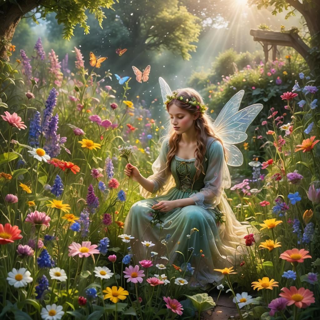 Ethereal Fairy in a Hyperdetailed Wildflower Garden