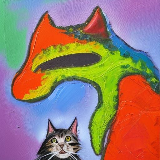 T-Rex and Cat: Impressionist Oil Painting