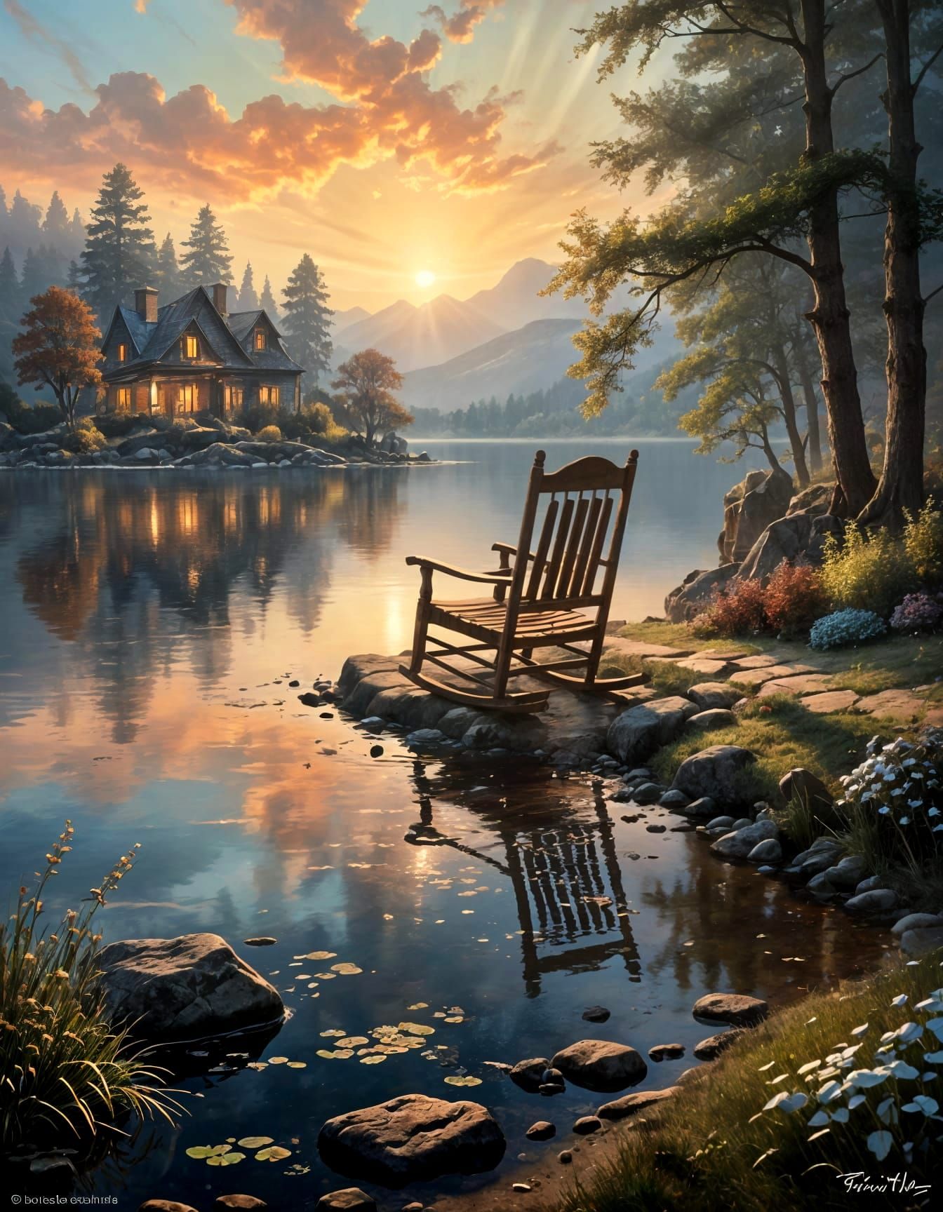 Lakeside Rocking Chair at Sunset: Oil Painting