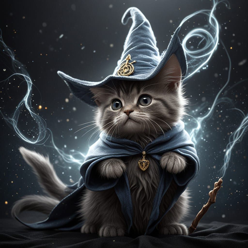 Cute Magical Kitten Wizard in Flowing Cloak
