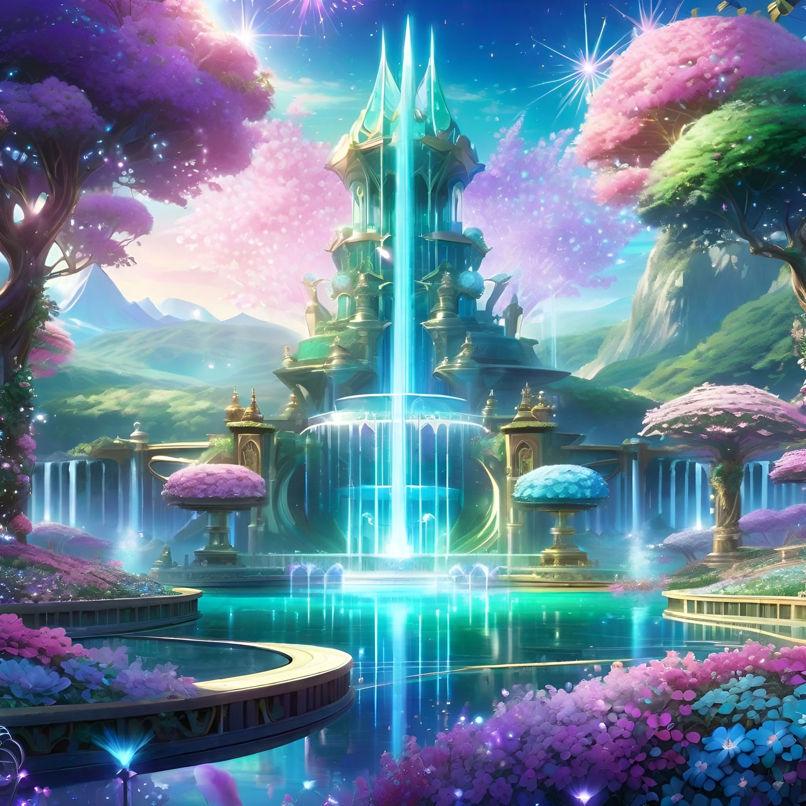 Magical Crystal Fountain in Anime Style Landscape