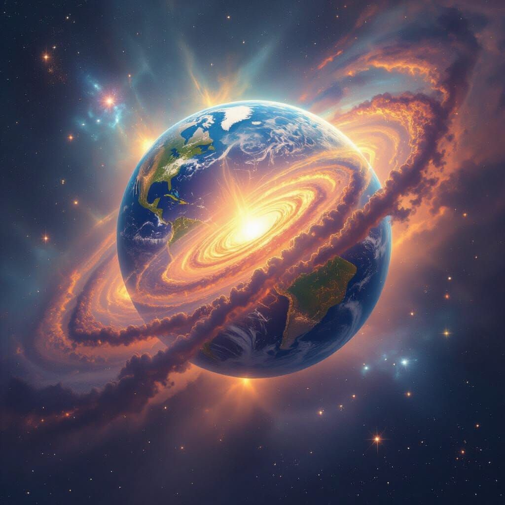 Earth Enveloped in Swirling Galaxy: Cosmic Surrealism