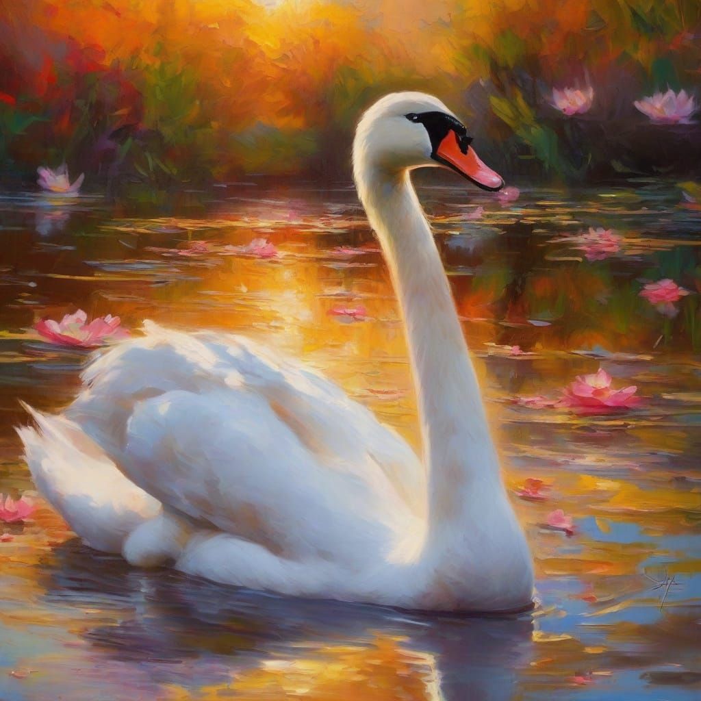 Impressionist Swan in a Vibrant Pond