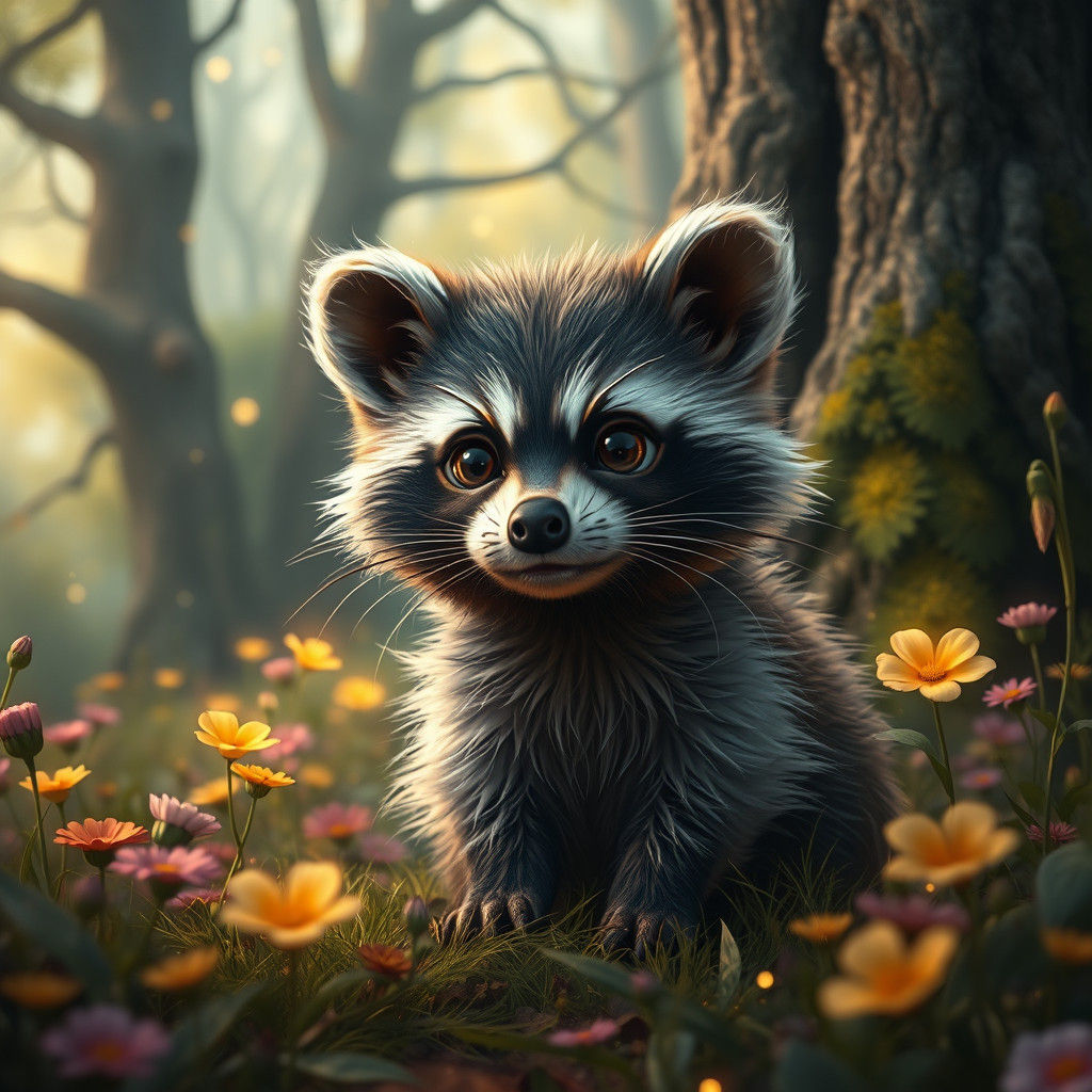 Enchanting Raccoon Kit in Mystical Forest