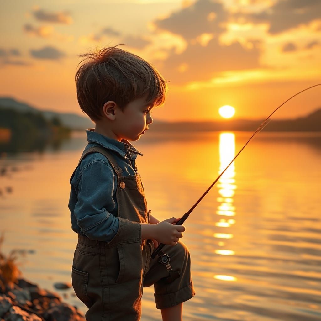 Boy Fishing at Sunset in Whimsical Style