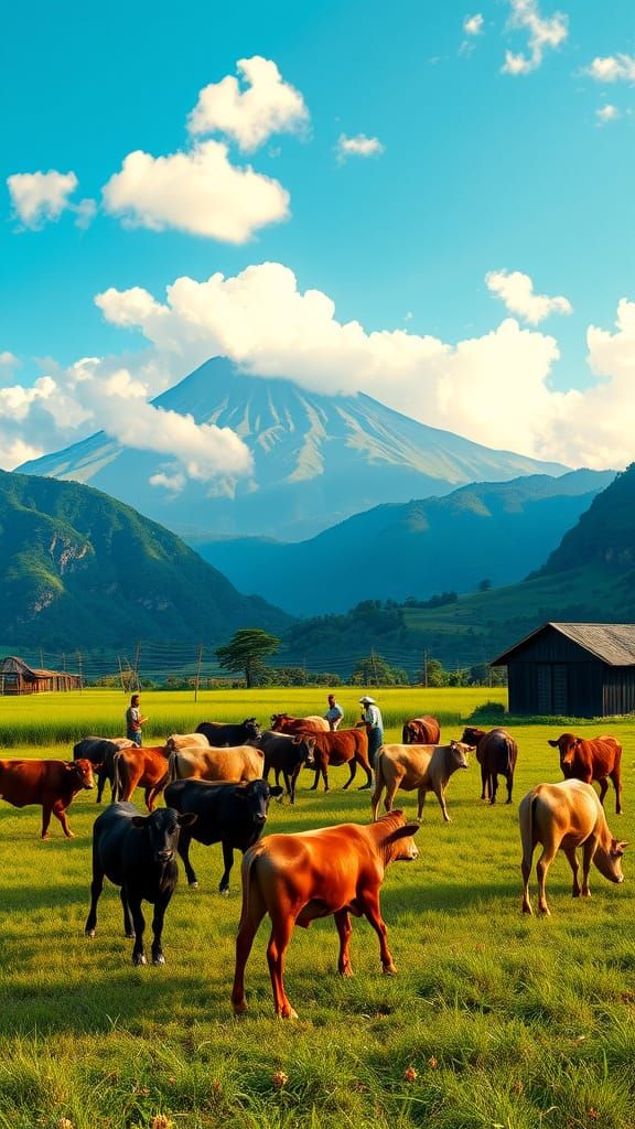 Indonesian Countryside Beef Cattle Farm with Mount Merbabu
