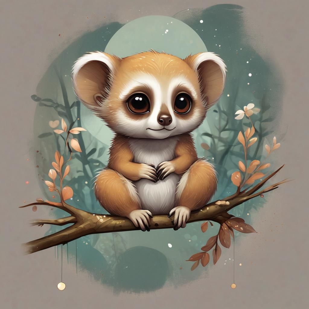 Dreamy Chibi Slow Loris Storybook Illustration