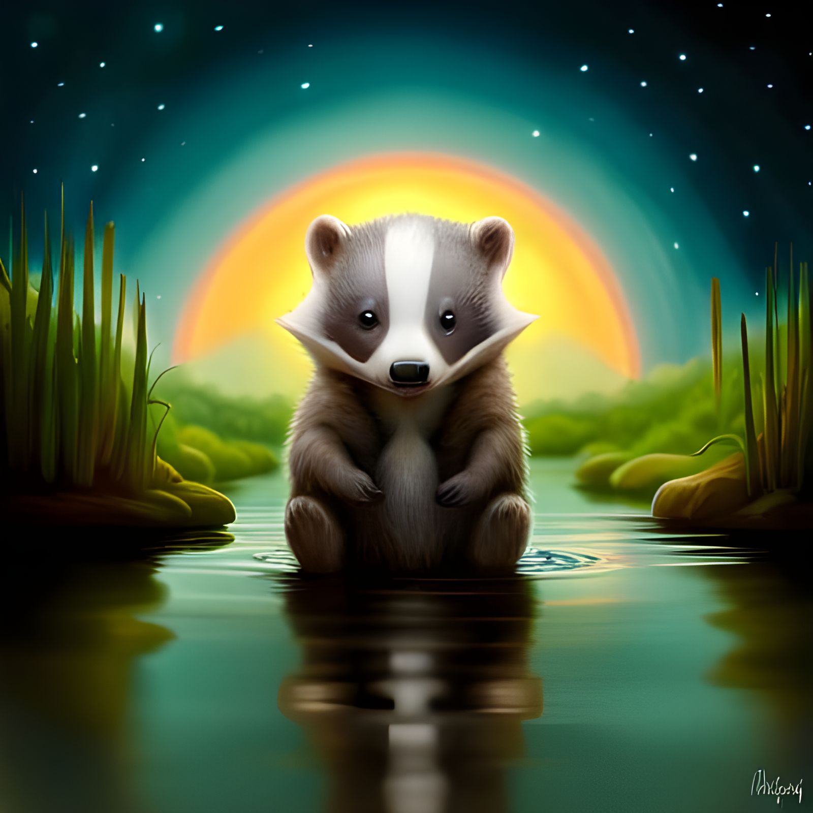 Adorable Badger Cub and Rainbow in Hyperrealistic Style