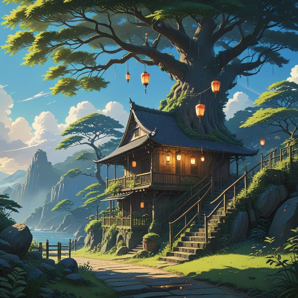 Ancient Village Among Glowing Trees in Whimsical Anime Style