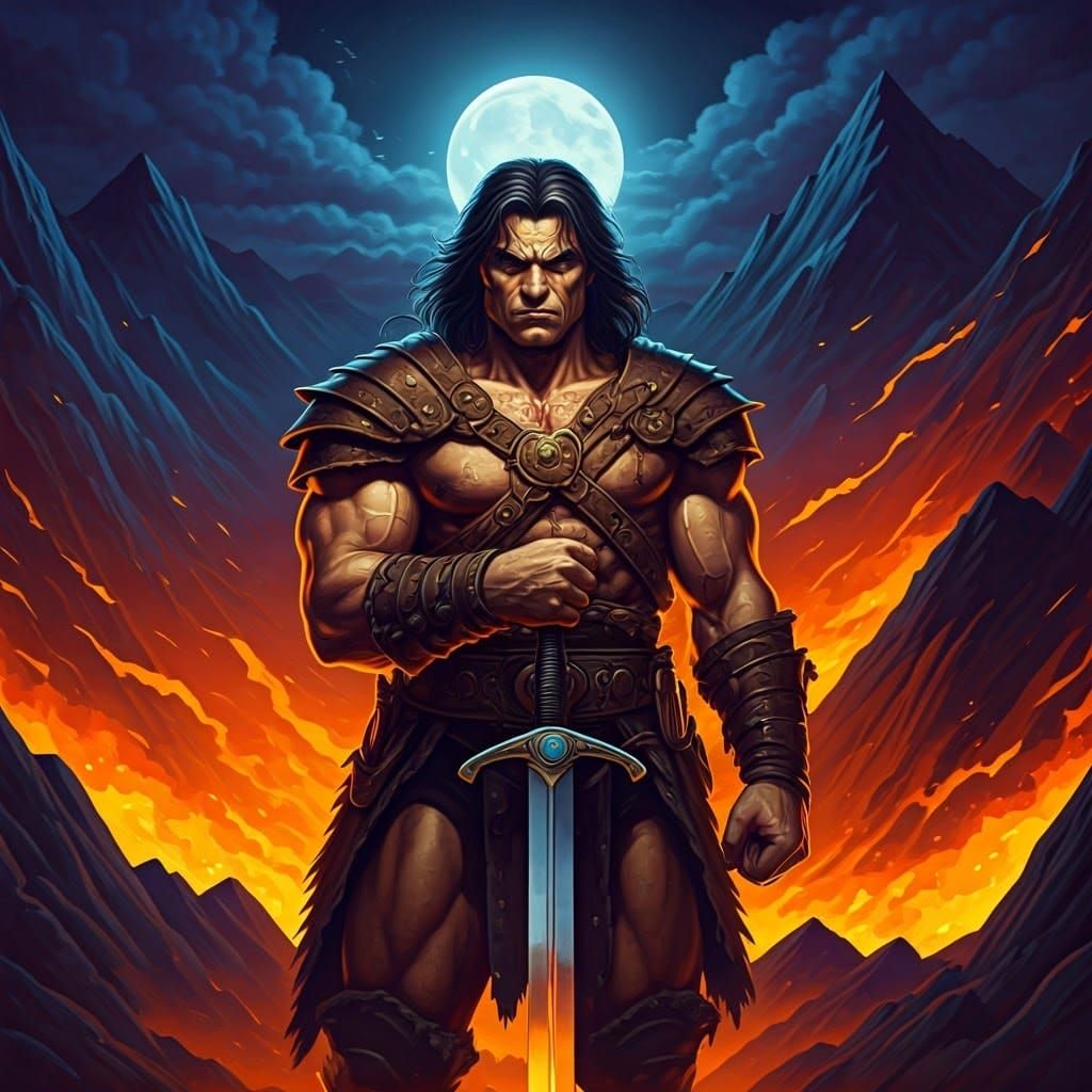 Heroic Warrior in Mystical Landscape, Pulp Fantasy Art