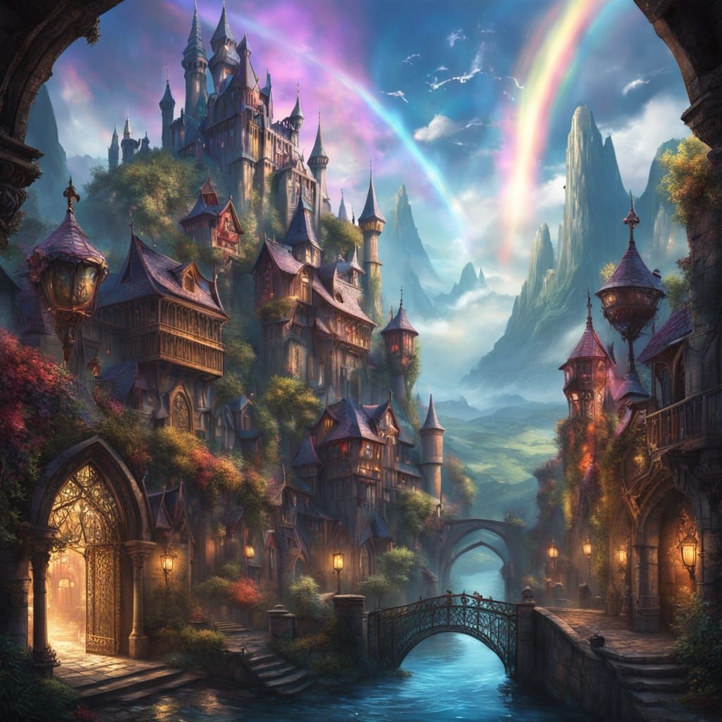 Bioluminescent Valley With Walled City, Matte Painting