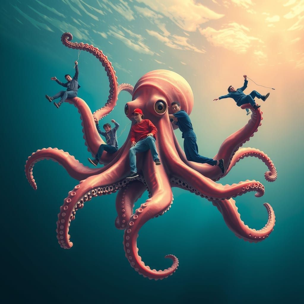 Surreal Octopus with People in its Tentacles