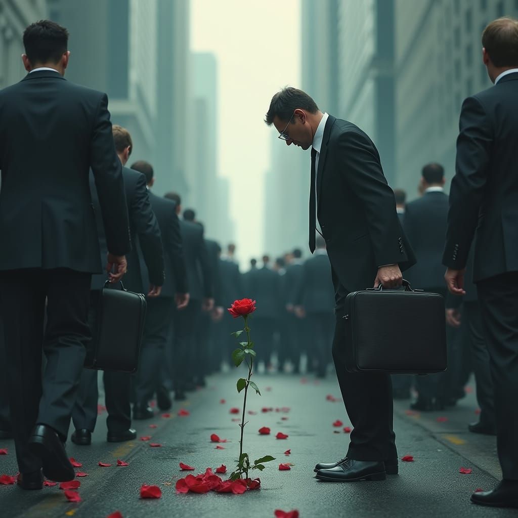 Gray Ocean of Workers Distracted by Vibrant Rose