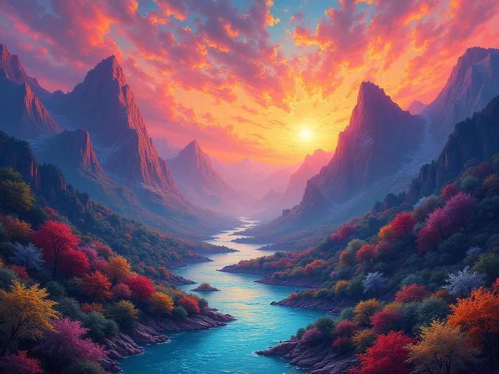 Surreal Mountains and River at Dusk