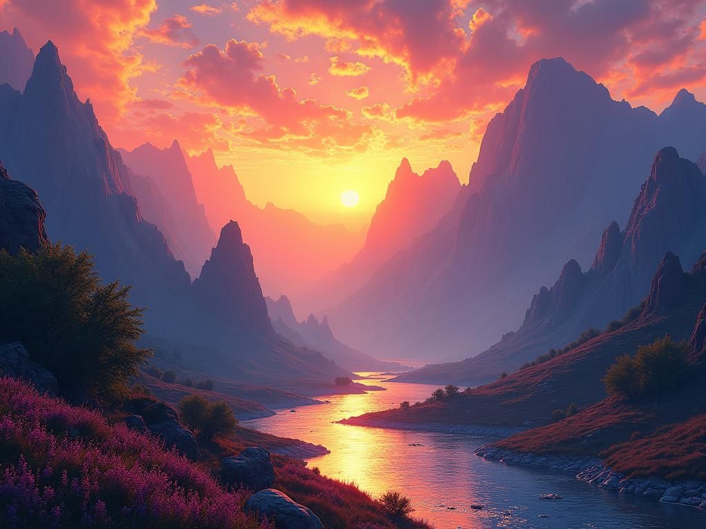 Psychedelic Sunset Over Mountains: A Visionary Landscape