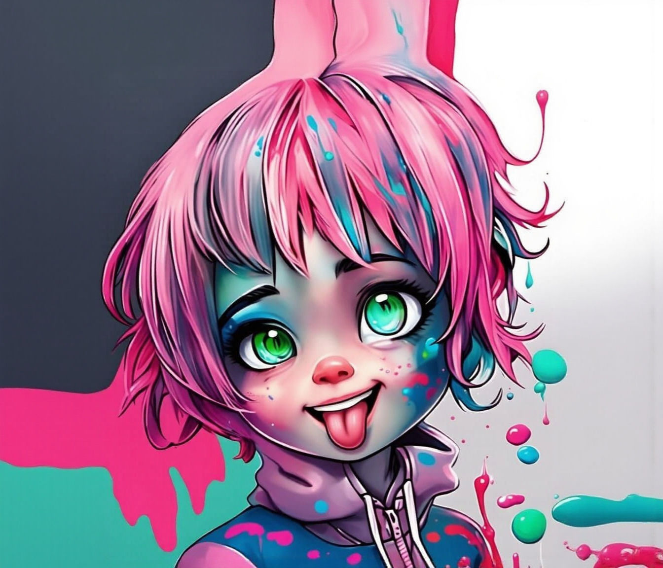 Colorful Graffiti Art of Smiling Pink-Haired Girl