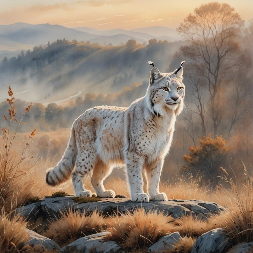 Majestic Blue-Eyed White Lynx on a Hill