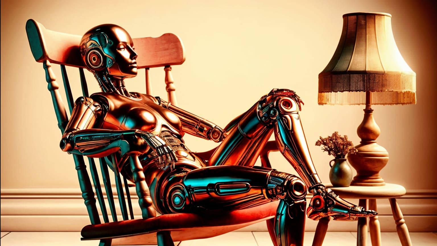 Dazzling Bronze Robot Reclining in Ethereal Glow