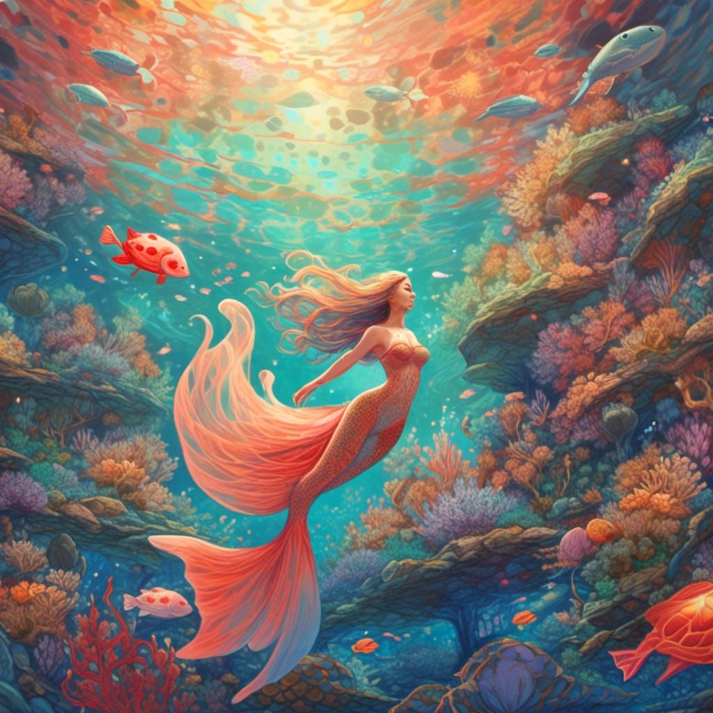 Fantasy Mermaid and Turtles in Coral Reef