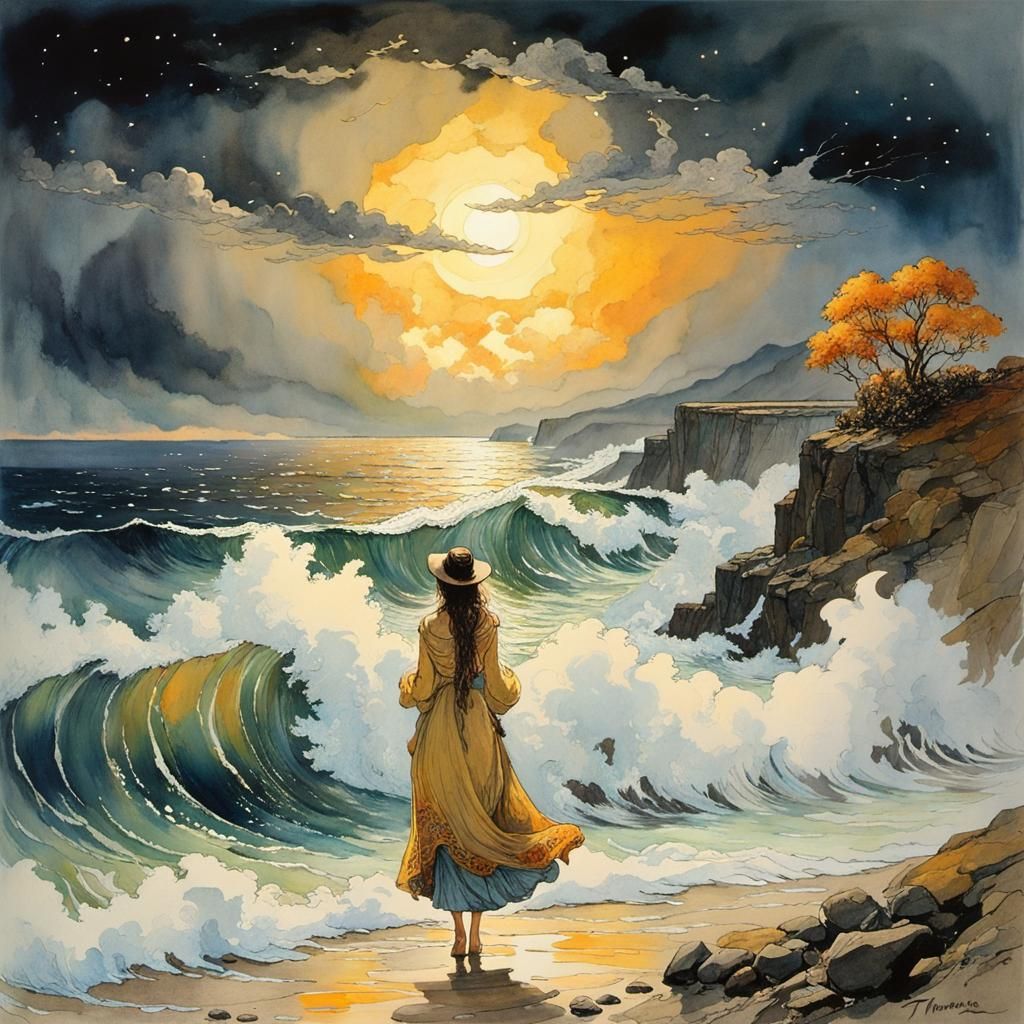 Stormy Sea Wanderer: Watercolor Painting with Golden Outline...
