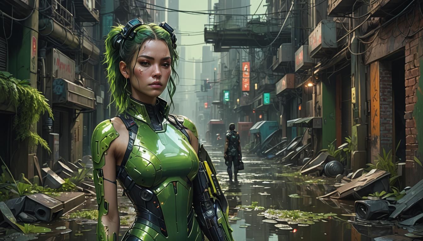 Cyberpunk Woman Portrait in Swamp Alley
