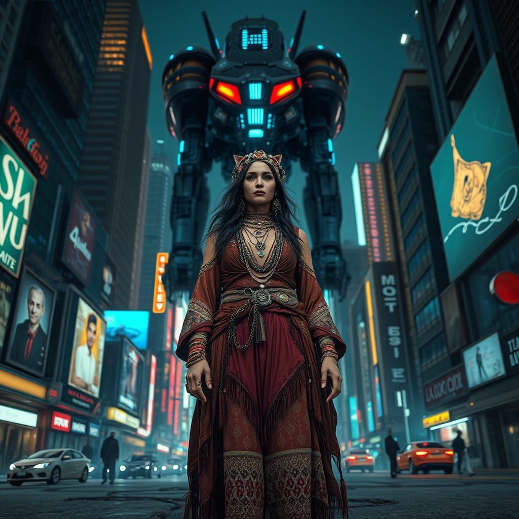 Cyberpunk Gypsy in Futuristic Metropolis