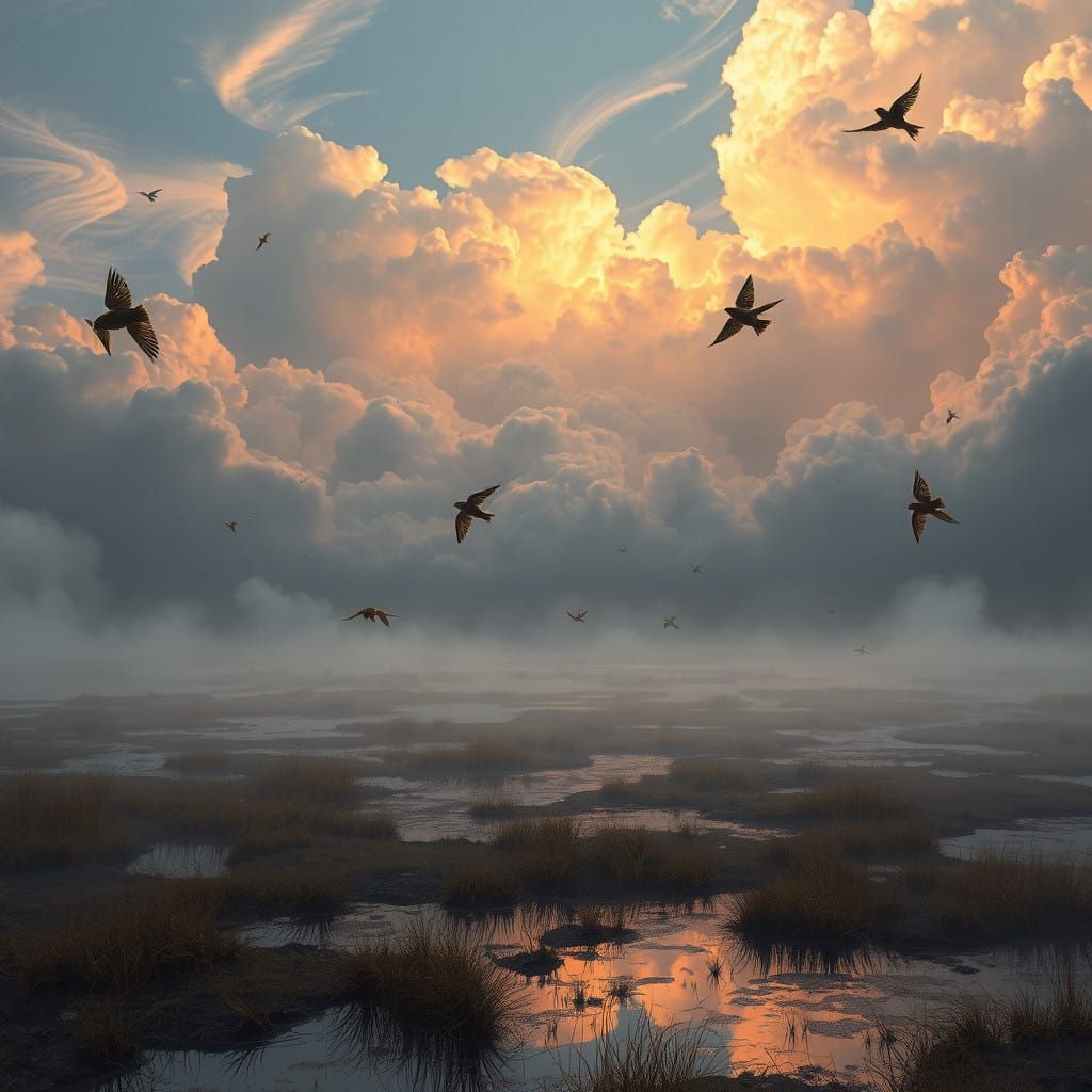 Whimsical Marshscape with Swirling Clouds and Dancing Swallo...