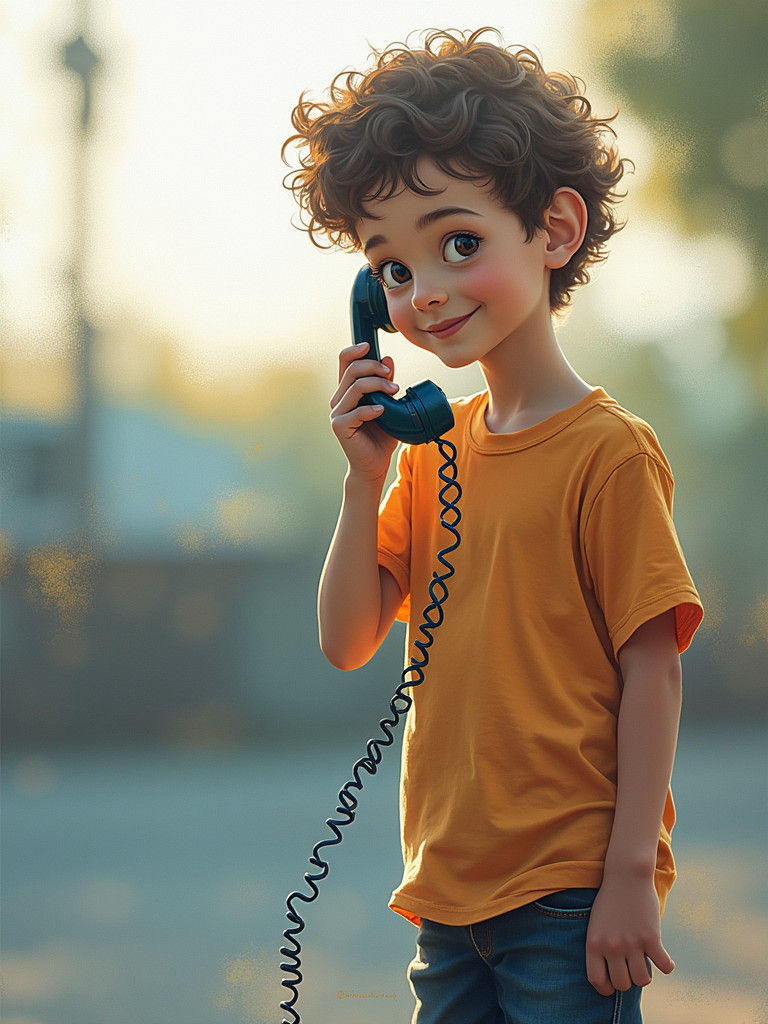 Boy with Retro Phone, Impressionist Style