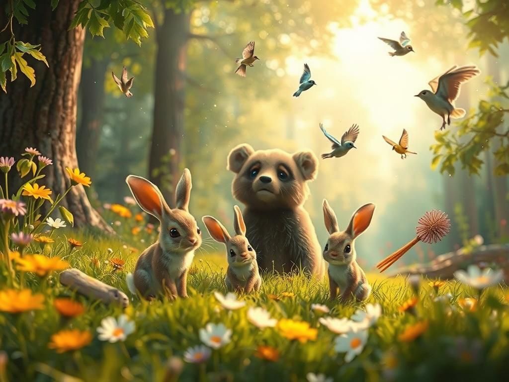 Enchanting Forest Scene with Bunnies and Bear Cubs