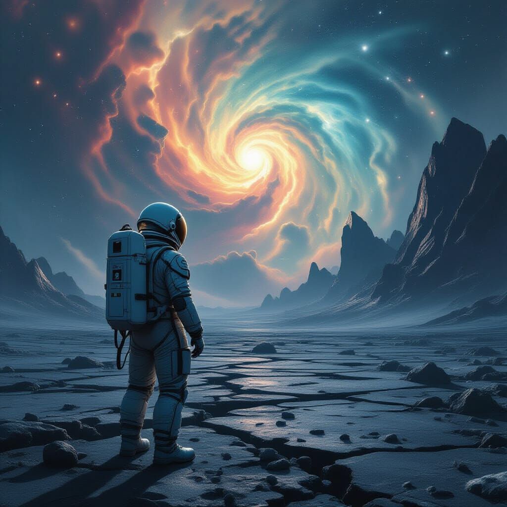 Astronaut Gazes at Alien Sky in Moody Cinematic Style