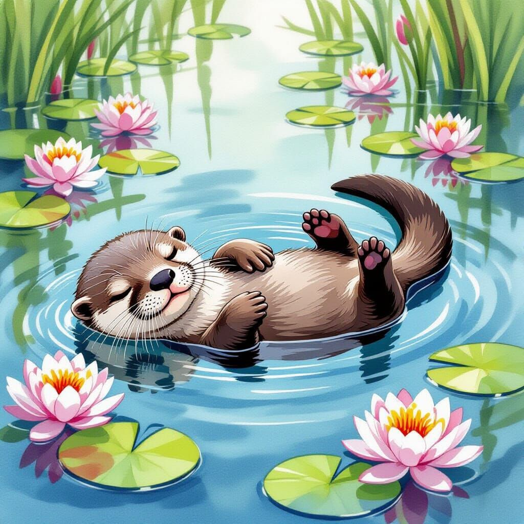 Sleeping Otter with Baby in Alcohol Ink Style
