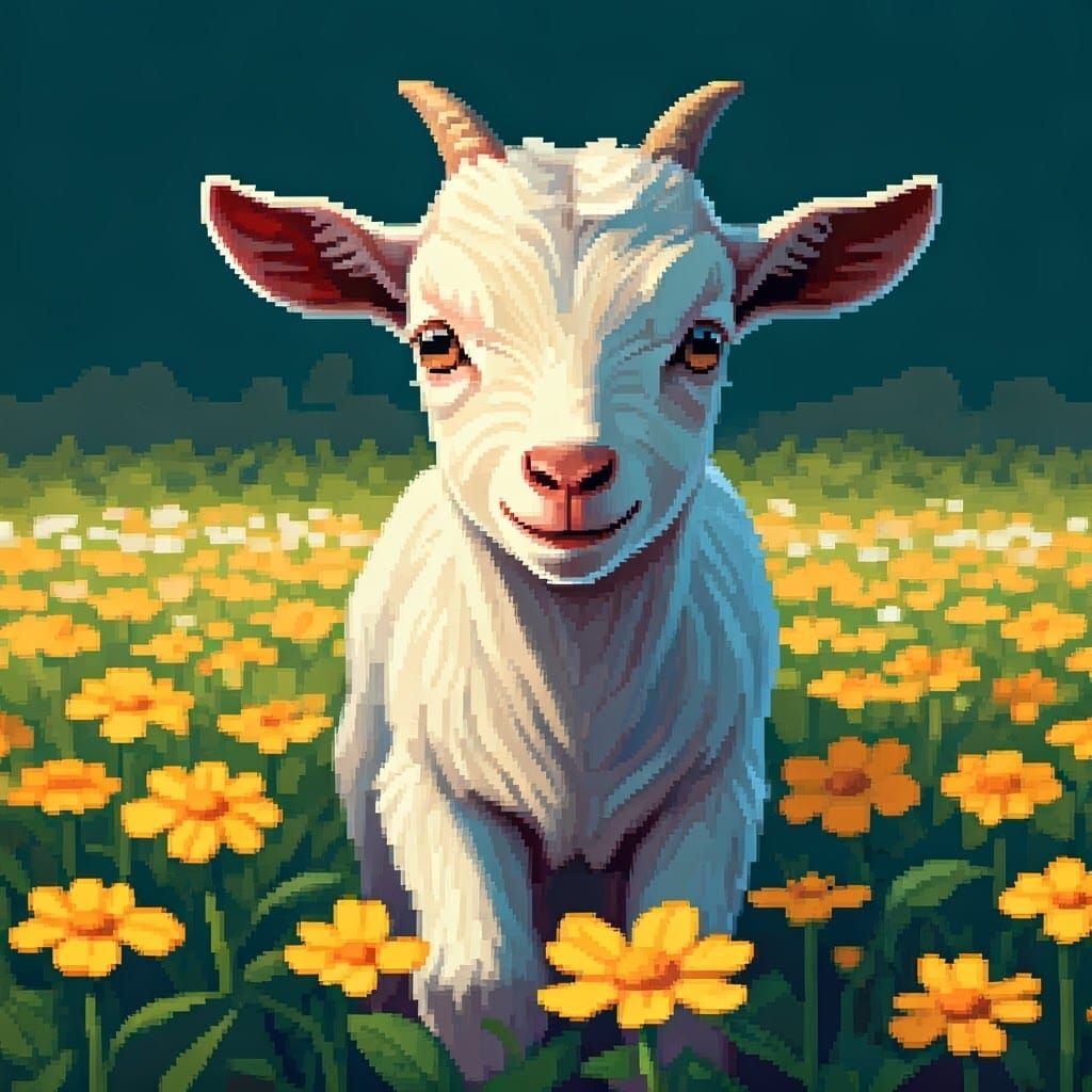 Cute Baby Goat in Flowery Field Pixel Art
