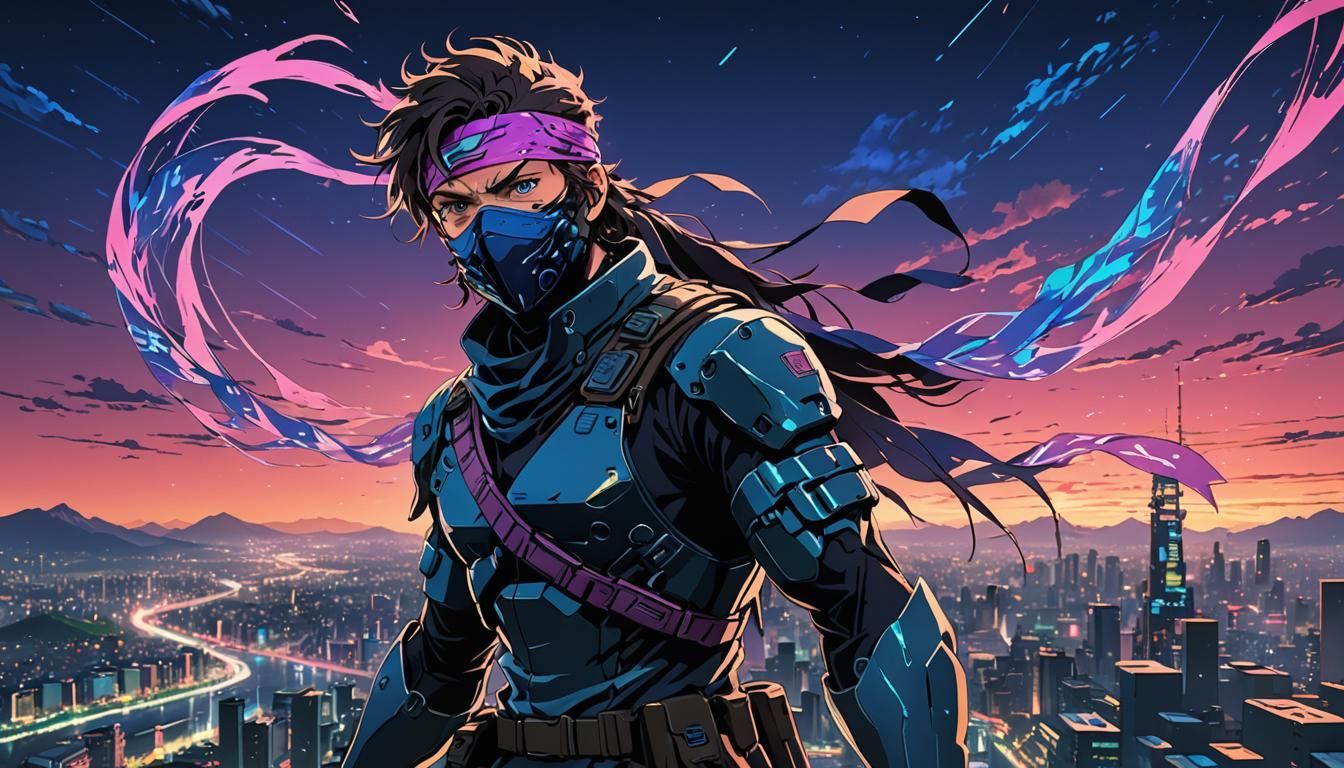 Synthwave Ninja with Flowing Bandana in Flight
