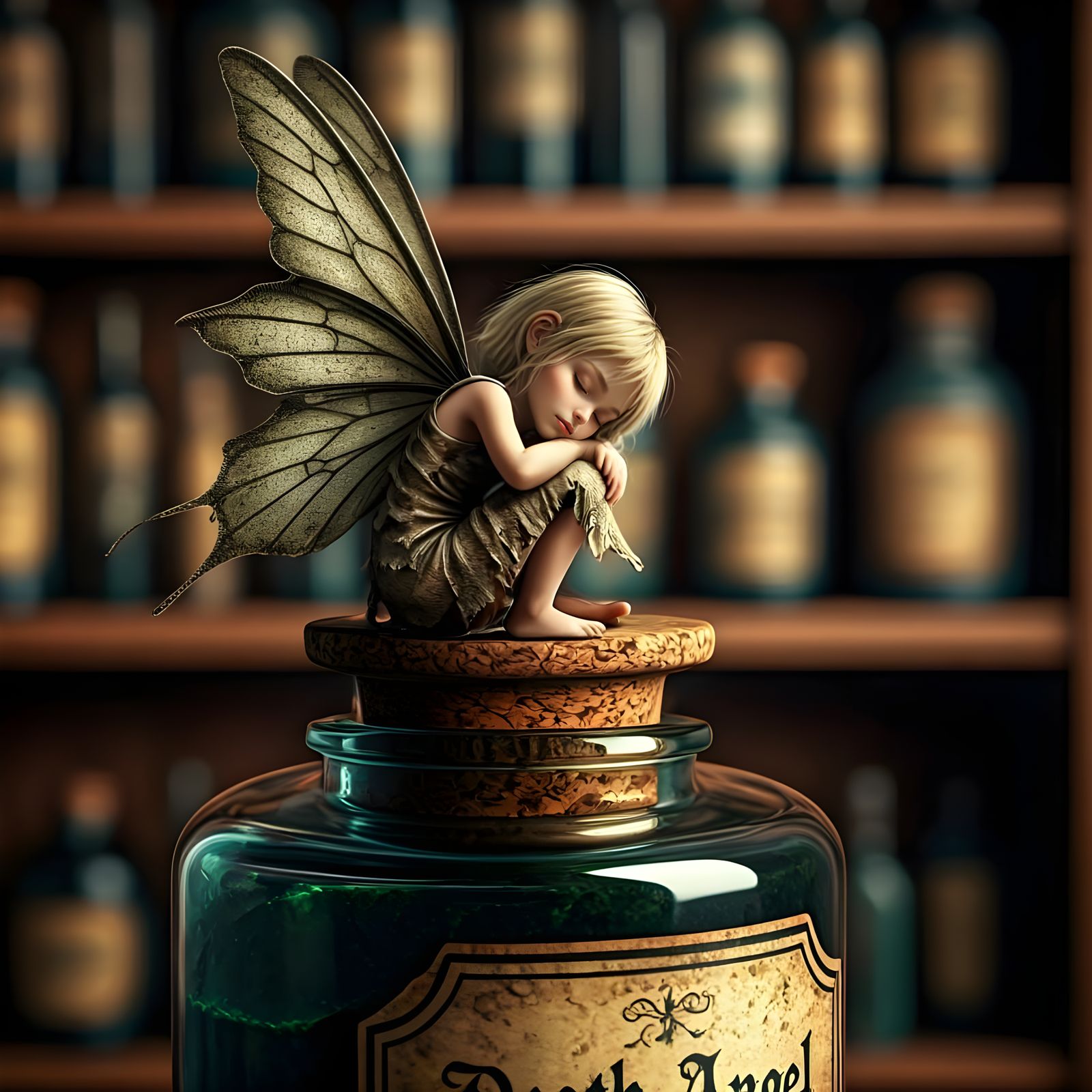 Fairy Asleep on Antique Poison Bottle