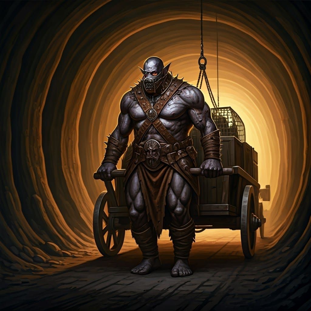 Dark Elf Slave Burdened in Gloomy Underground Tunnel