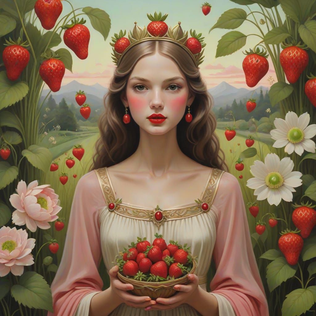 Goddess on Strawberry in Dreamy Oil Painting