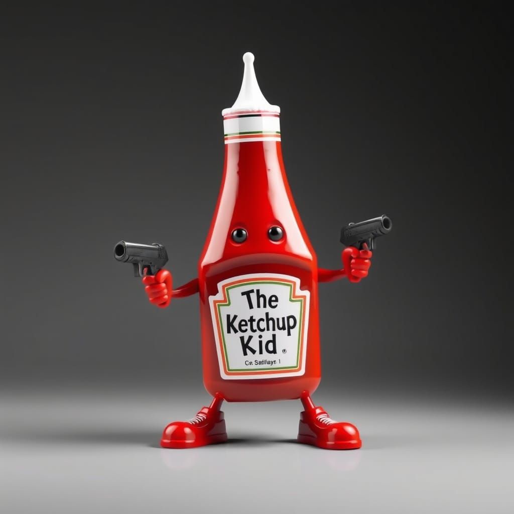 Anthropomorphic Ketchup Bottle Character with Pistols