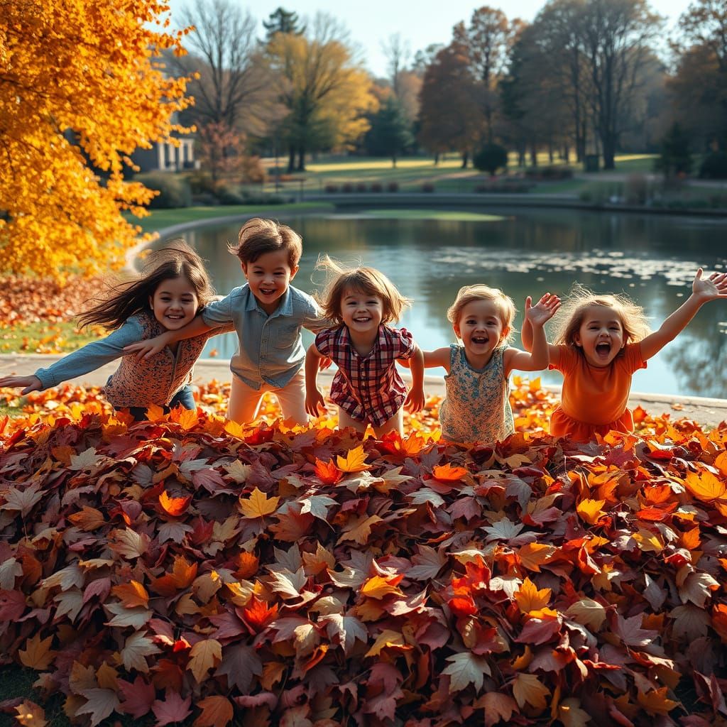 Children Laughing in Autumn Leaves in Sunlit Park