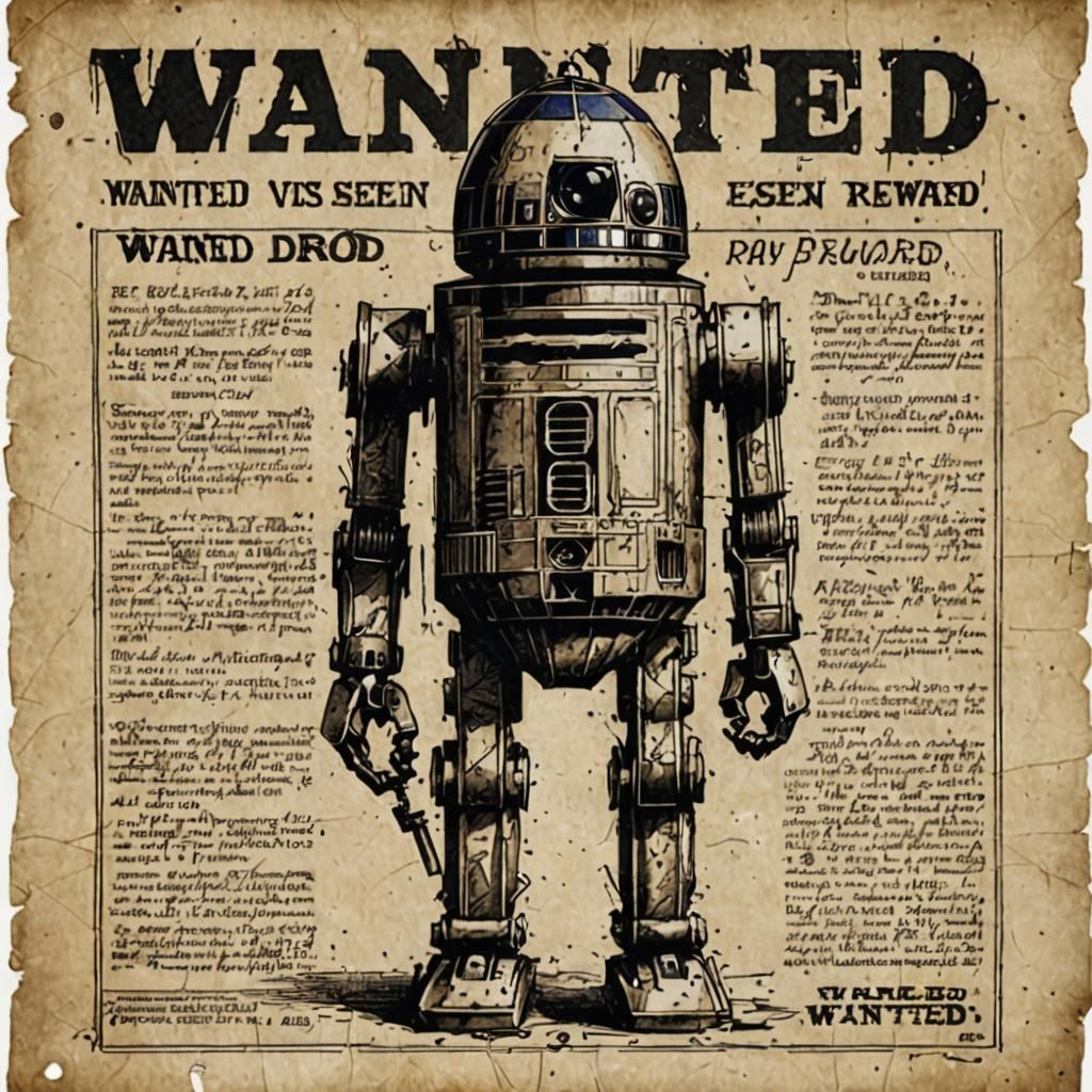 R2D2 Wanted Poster in 1840s Pen and Ink Style