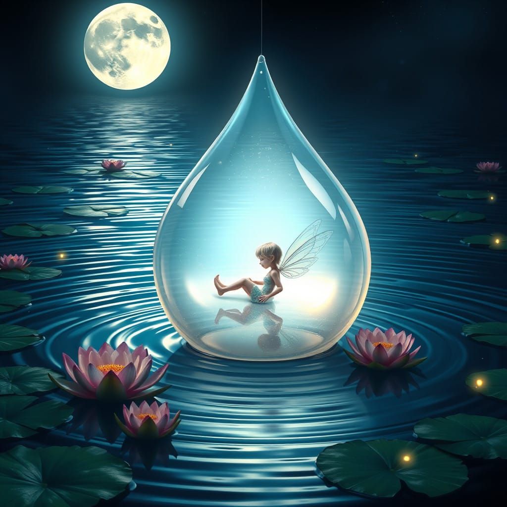 Delicate Fairy in Ethereal Teardrop Bubble Under Moonlit Wat...