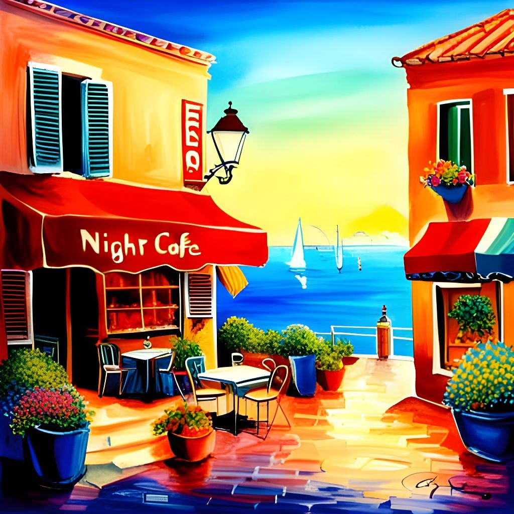 Romantic Italian Seaside Café Watercolor Painting