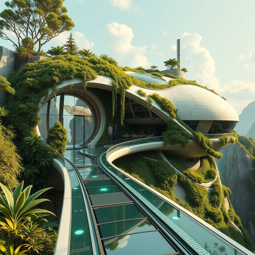 Futuristic Eco-Haven Amidst Verdant Foliage in Cyberpunk Sty...