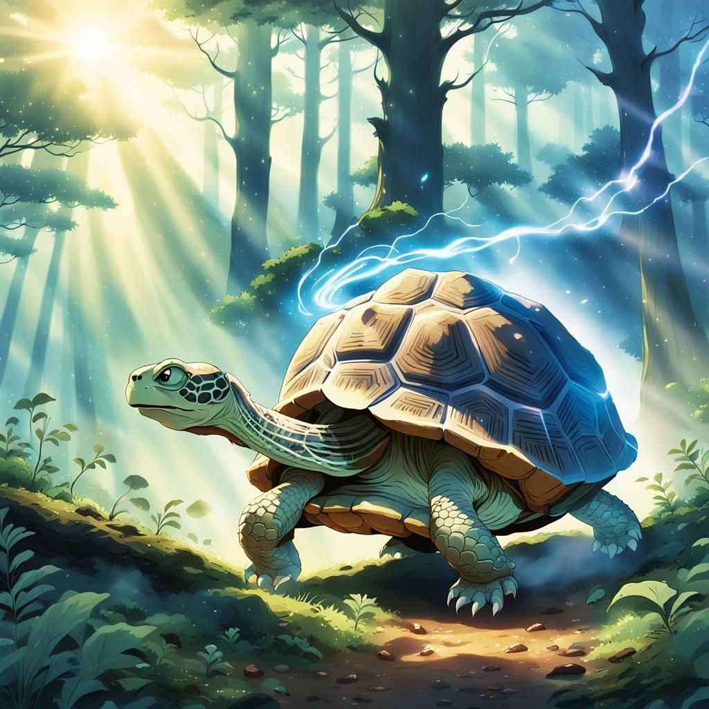 Tortoise Wizard Battles Forest Ghosts in Anime Style