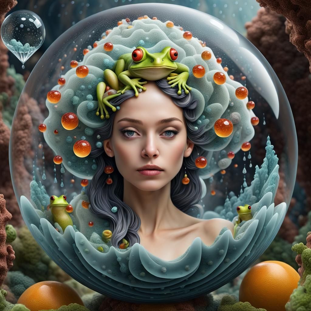 Glass Bobble with Woman and Frogs in 3D Render