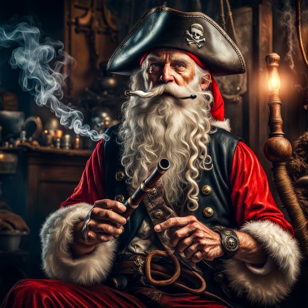Hyperrealistic Pirate Santa Claus Smoking a Pipe