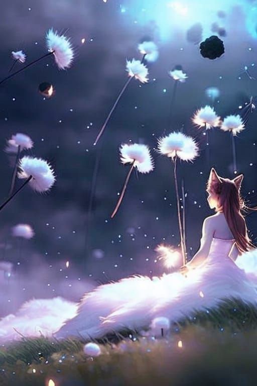Dandelions Under a Starry Sky in Fantasy Landscape