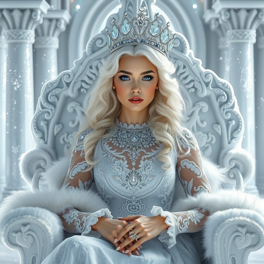 Icy Queen on Fur Throne in Shimmering Palace