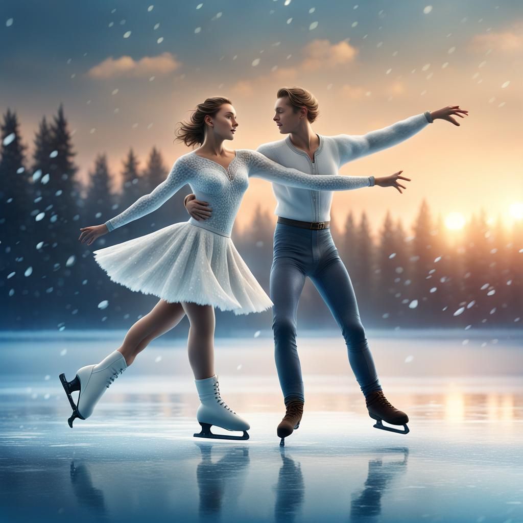 Figure Skating Pair on Frozen Lake at Sunset