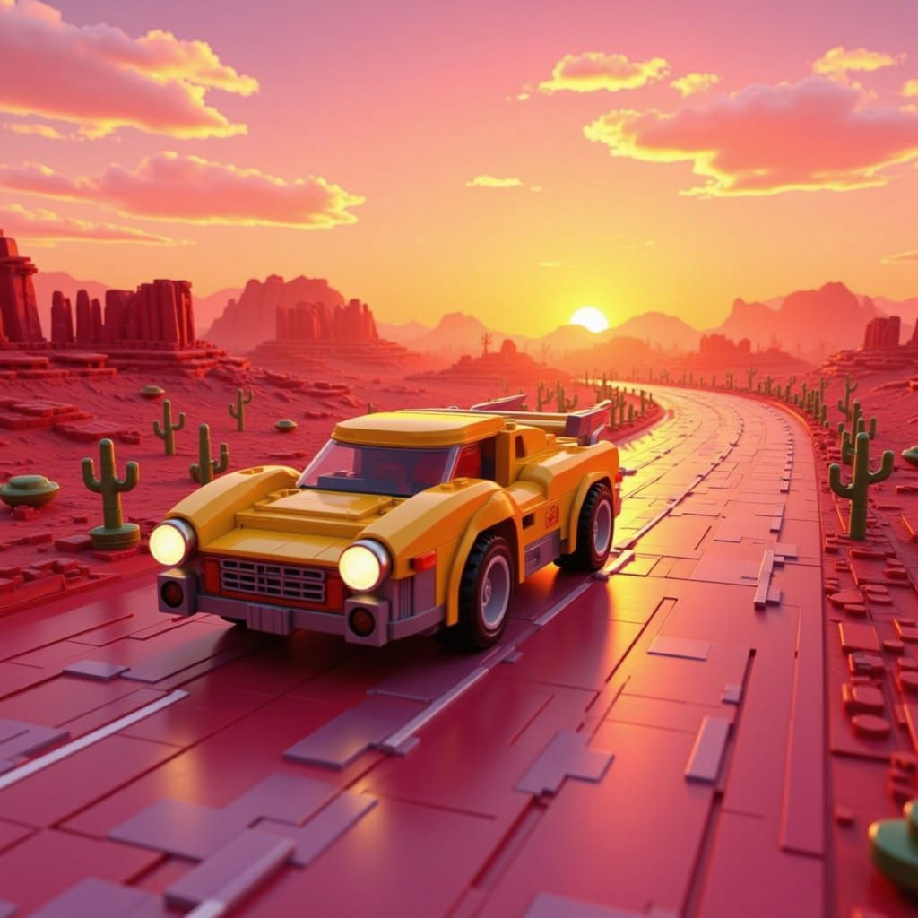 Lego Car Races into Sunset