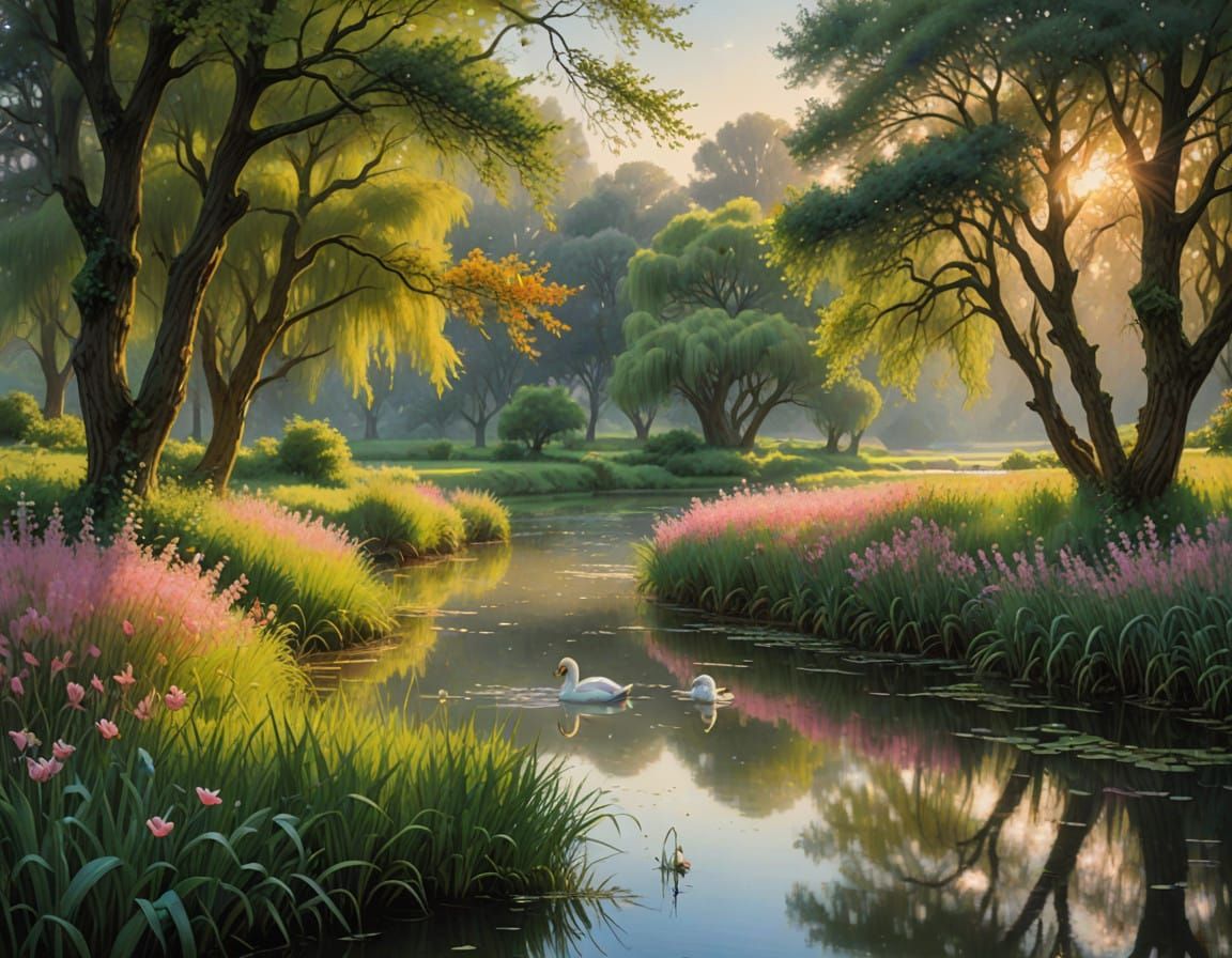 Idyllic Landscape Unfolds with Gentle Stream and Majestic Wi...